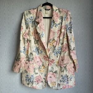 Vtg 80s San Moire Large Blazer Pastel Oversized Floral Jacquard Boxy Retro